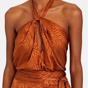 Ronny Kobo Collection Halter Satin Zebra-Print Top in Burnt Orange